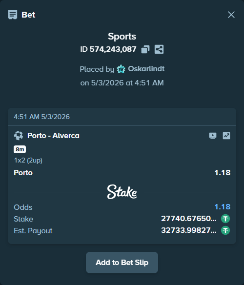 Bet slip: Porto - Alverca, $27,740.68 stake at 1.18 odds, placed by Oskarlindt