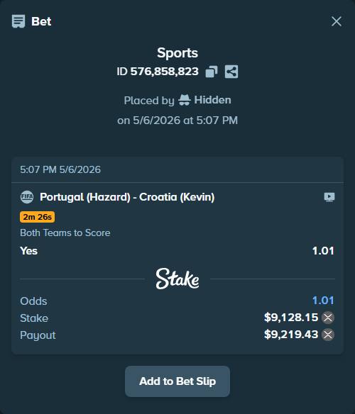 Bet slip: Portugal (Hazard) - Croatia (Kevin), $15,933.18 stake at 1.01 odds, placed by Hidden