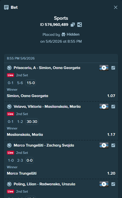 Bet slip: Prisacariu, A - Simion, Oana Georgeta, $10,976.06 stake at 1.07 odds, placed by Hidden