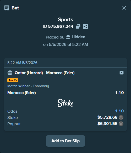 Bet slip: Qatar (Hazard) - Morocco (Eder), $10,235.72 stake at 1.10 odds, placed by Hidden
