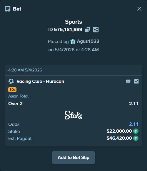 Bet slip: Racing Club - Huracan, $22,000.00 stake at 2.11 odds, placed by Agus1033