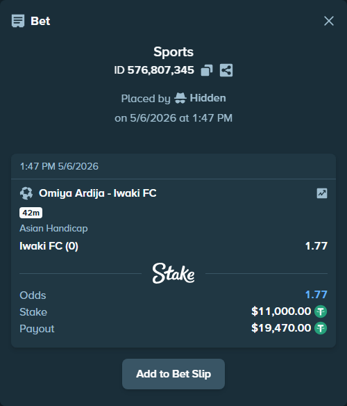 Bet slip: RB Omiya Ardija - Iwaki FC, $11,000.00 stake at 1.77 odds, placed by Hidden