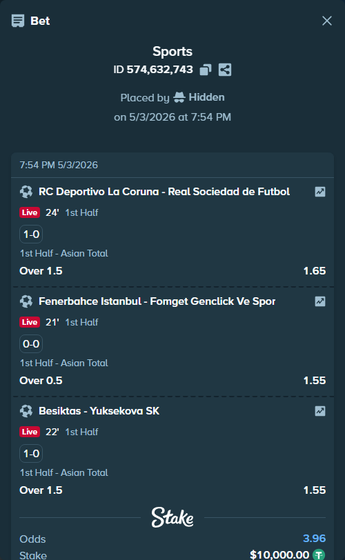 Bet slip: RC Deportivo De La Coruna - Real Sociedad San Sebastian, $10,000.00 stake at 1.65 odds, placed by Hidden