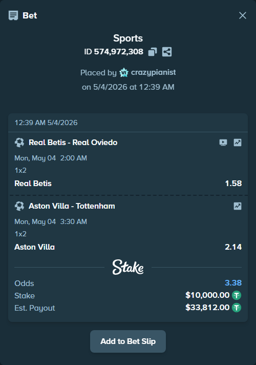 Bet slip: Real Betis - Real Oviedo, $10,000.00 stake at 1.58 odds, placed by crazypianist