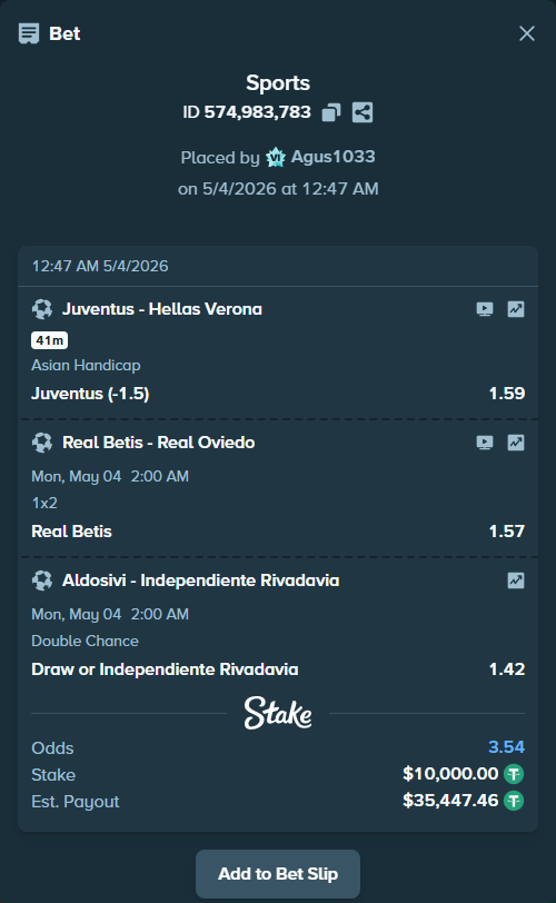 Bet slip: Real Betis - Real Oviedo, $10,000.00 stake at 1.57 odds, placed by Agus1033
