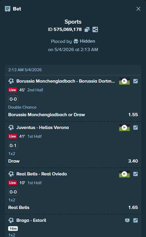 Bet slip: Real Betis - Real Oviedo, $10,000.00 stake at 1.65 odds, placed by Hidden