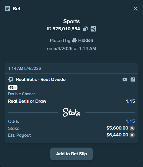 Bet slip: Real Betis - Real Oviedo, $10,019.80 stake at 1.15 odds, placed by Hidden