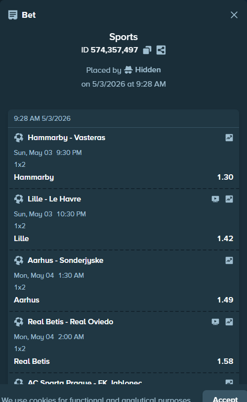 Bet slip: Real Betis - Real Oviedo, $10,500.00 stake at 1.58 odds, placed by Hidden
