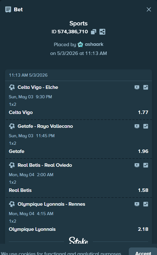 Bet slip: Real Betis - Real Oviedo, $26,000.00 stake at 1.58 odds, placed by ashaark