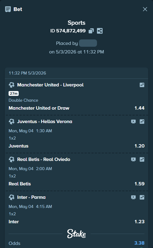 Bet slip: Real Betis - Real Oviedo, $26,000.00 stake at 1.59 odds, placed by ashaark
