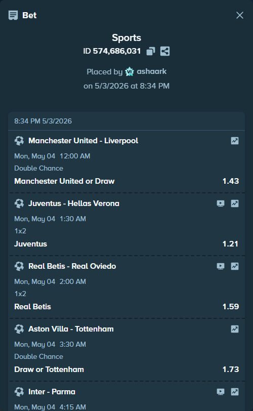 Bet slip: Real Betis - Real Oviedo, $30,000.00 stake at 1.59 odds, placed by ashaark