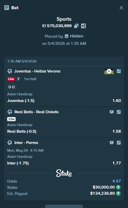 Bet slip: Real Betis - Real Oviedo, $30,000.00 stake at 1.58 odds, placed by Hidden