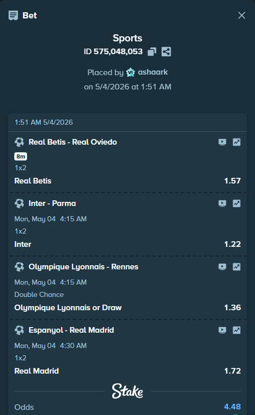 Bet slip: Real Betis - Real Oviedo, $52,675.00 stake at 1.57 odds, placed by ashaark