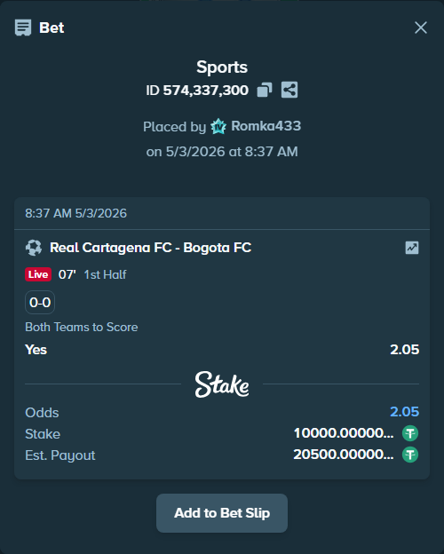 Bet slip: Real Cartagena FC - Bogota FC, $10,000.00 stake at 2.05 odds, placed by Romka433