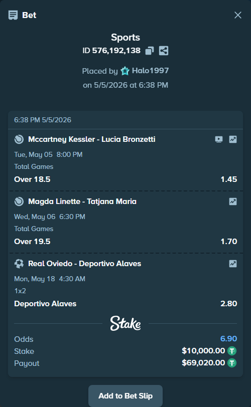 Bet slip: Real Oviedo - Deportivo Alaves, $10,000.00 stake at 2.80 odds, placed by Halo1997