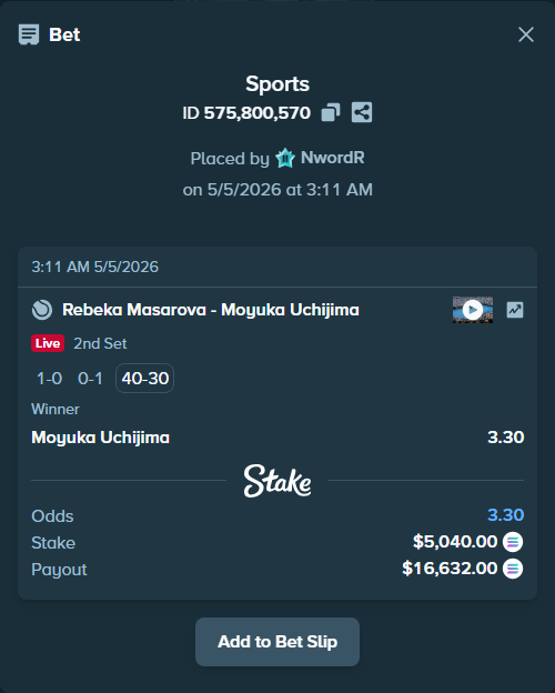 Bet slip: Rebeka Masarova - Moyuka Uchijima, $11,864.16 stake at 3.30 odds, placed by NwordR