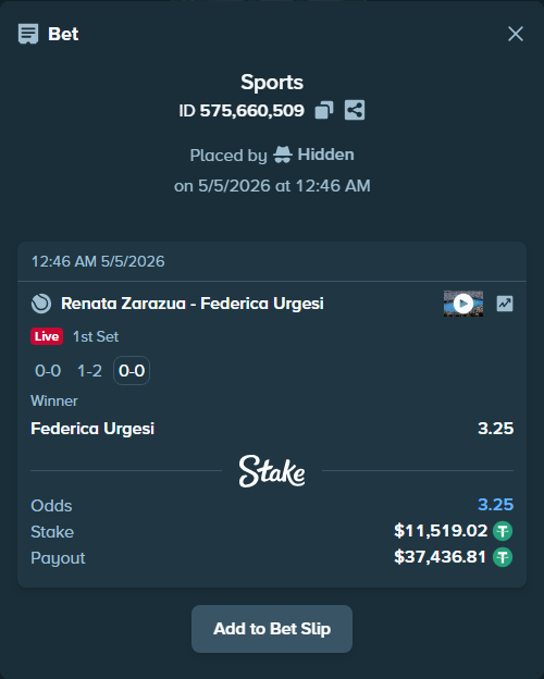 Bet slip: Renata Zarazua - Federica Urgesi, $11,519.02 stake at 3.25 odds, placed by Hidden
