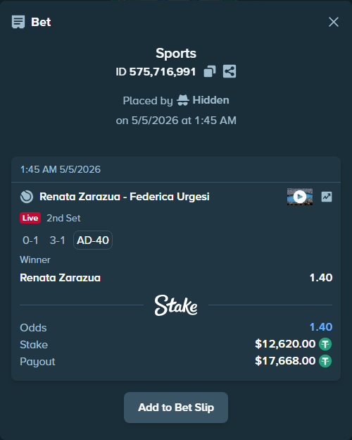 Bet slip: Renata Zarazua - Federica Urgesi, $12,620.00 stake at 1.40 odds, placed by Hidden