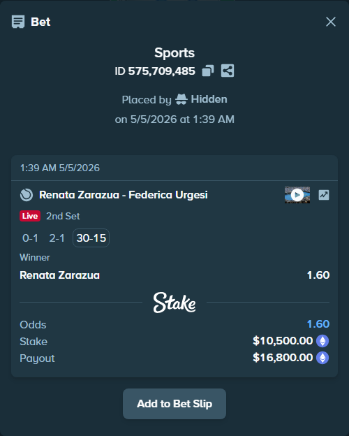 Bet slip: Renata Zarazua - Federica Urgesi, $15,673.88 stake at 1.60 odds, placed by Hidden