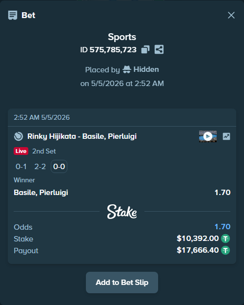 Bet slip: Rinky Hijikata - Basile, Pierluigi, $10,392.00 stake at 1.70 odds, placed by Hidden