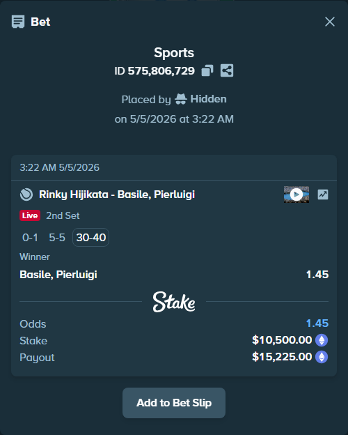 Bet slip: Rinky Hijikata - Basile, Pierluigi, $15,526.87 stake at 1.45 odds, placed by Hidden