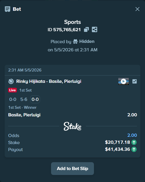 Bet slip: Rinky Hijikata - Basile, Pierluigi, $20,717.18 stake at 2.00 odds, placed by Hidden