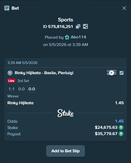 Bet slip: Rinky Hijikata - Basile, Pierluigi, $24,675.63 stake at 1.45 odds, placed by Abo114