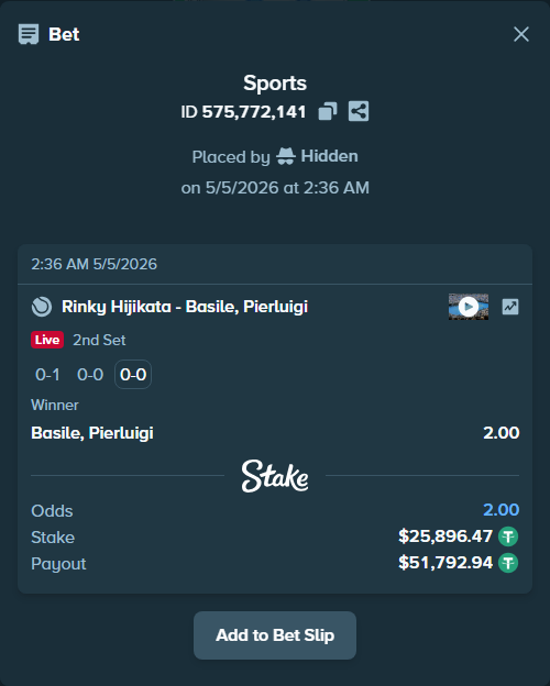 Bet slip: Rinky Hijikata - Basile, Pierluigi, $25,896.47 stake at 2.00 odds, placed by Hidden