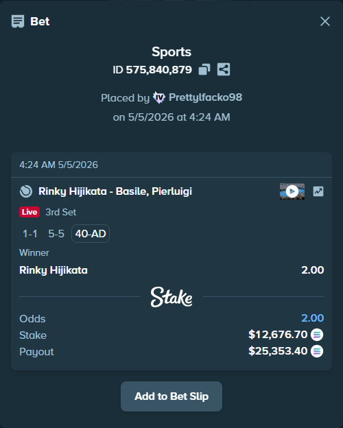 Bet slip: Rinky Hijikata - Basile, Pierluigi, $29,891.66 stake at 2.00 odds, placed by Prettylfacko98