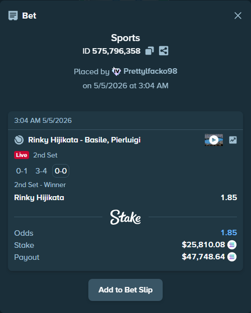 Bet slip: Rinky Hijikata - Basile, Pierluigi, $60,756.92 stake at 1.85 odds, placed by Prettylfacko98