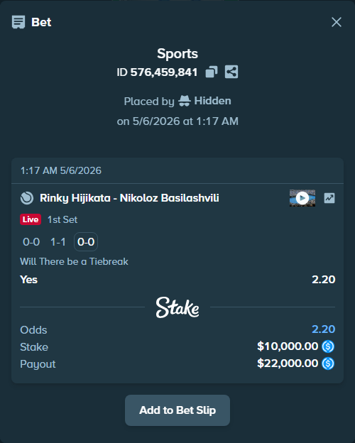 Bet slip: Rinky Hijikata - Nikoloz Basilashvili, $10,000.00 stake at 2.20 odds, placed by Hidden