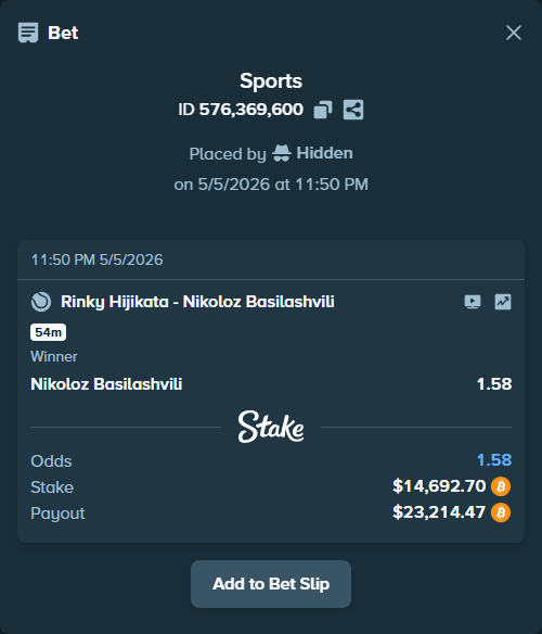 Bet slip: Rinky Hijikata - Nikoloz Basilashvili, $12,660.70 stake at 1.58 odds, placed by Hidden