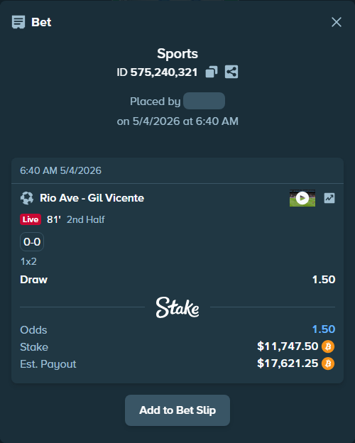 Bet slip: Rio Ave - Gil Vicente, $10,427.08 stake at 1.50 odds, placed by Hophi777