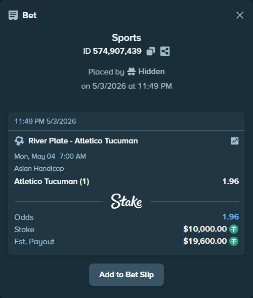Bet slip: River Plate - Atletico Tucuman, $10,000.00 stake at 1.96 odds, placed by Hidden