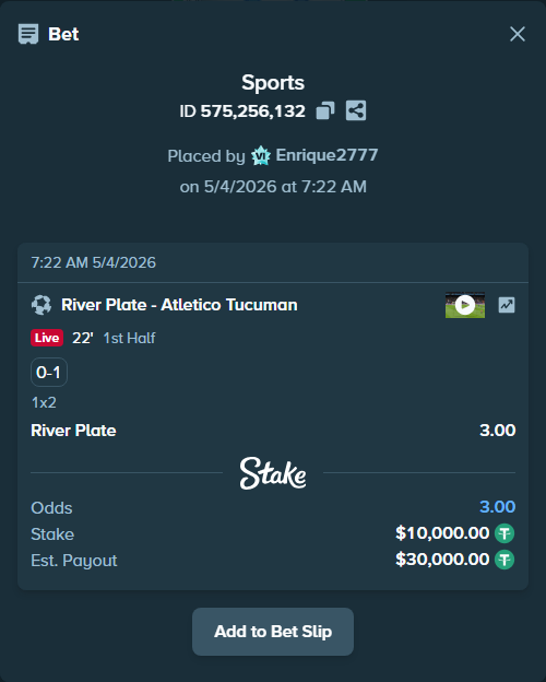 Bet slip: River Plate - Atletico Tucuman, $10,000.00 stake at 3.00 odds, placed by Enrique2777