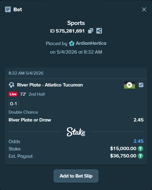 Bet slip: River Plate - Atletico Tucuman, $15,000.00 stake at 2.45 odds, placed by ArdianHertica