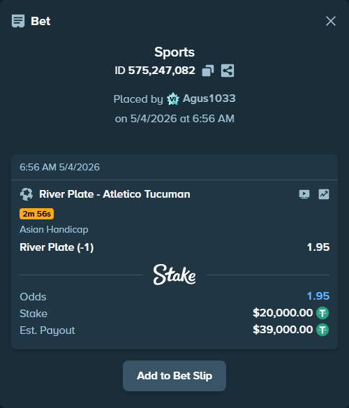 Bet slip: River Plate - Atletico Tucuman, $20,000.00 stake at 1.95 odds, placed by Agus1033