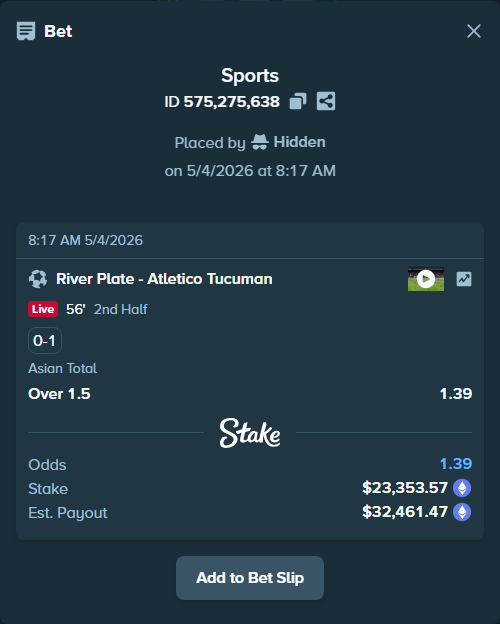Bet slip: River Plate - Atletico Tucuman, $35,000.00 stake at 1.39 odds, placed by Hidden