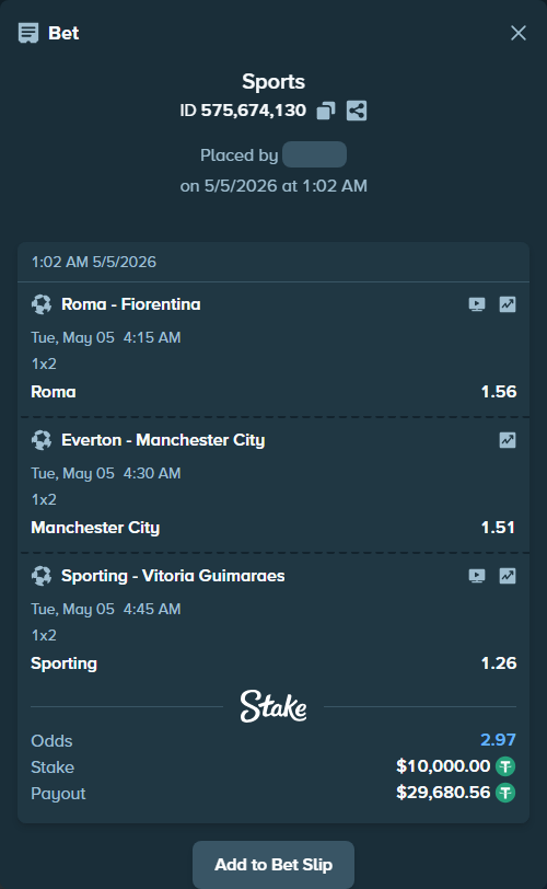 Bet slip: Roma - Fiorentina, $10,000.00 stake at 1.56 odds, placed by Maxprof