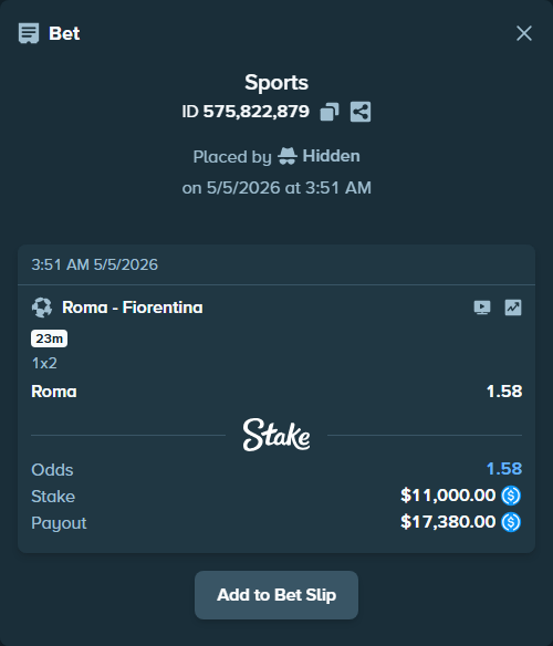 Bet slip: Roma - Fiorentina, $11,000.00 stake at 1.58 odds, placed by Hidden