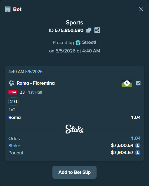 Bet slip: Roma - Fiorentina, $17,884.31 stake at 1.04 odds, placed by Streetl
