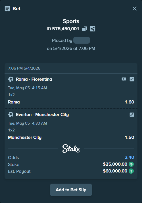 Bet slip: Roma - Fiorentina, $25,000.00 stake at 1.60 odds, placed by Robertchoinski