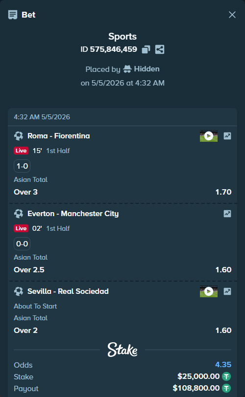 Bet slip: Roma - Fiorentina, $25,000.00 stake at 1.70 odds, placed by Hidden