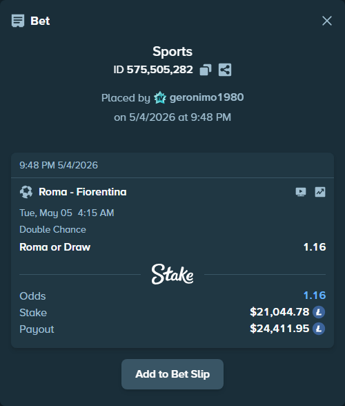 Bet slip: Roma - Fiorentina, $49,518.38 stake at 1.16 odds, placed by geronimo1980