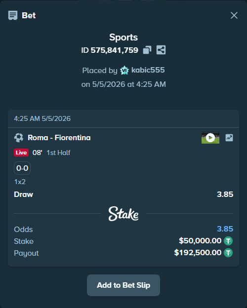 Bet slip: Roma - Fiorentina, $50,000.00 stake at 3.85 odds, placed by kabic555