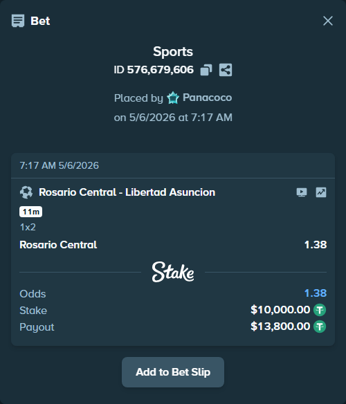 Bet slip: Rosario Central - Libertad Asuncion, $10,000.00 stake at 1.38 odds, placed by Panacoco