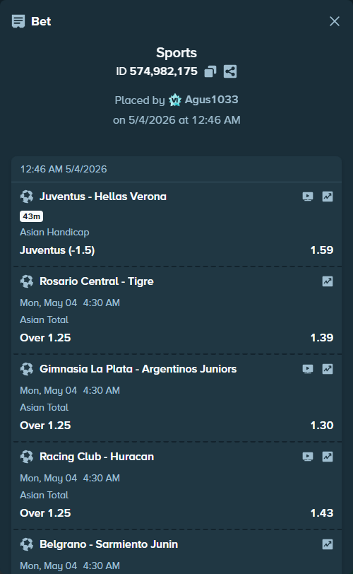 Bet slip: Rosario Central - Tigre, $10,000.00 stake at 1.39 odds, placed by Agus1033