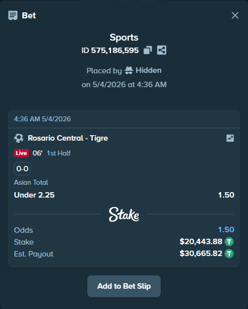 Bet slip: Rosario Central - Tigre, $20,443.88 stake at 1.50 odds, placed by Hidden