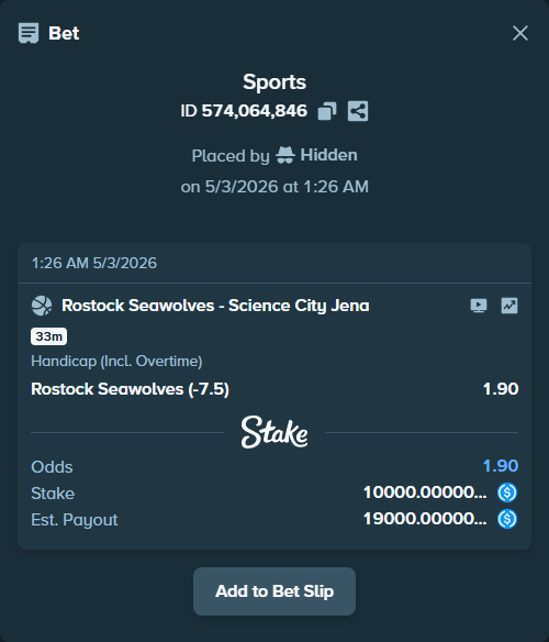 Bet slip: Rostock Seawolves - Medipolis SC Jena, $10,000.00 stake at 1.90 odds, placed by Hidden