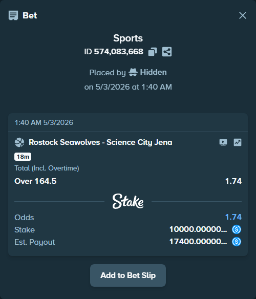 Bet slip: Rostock Seawolves - Medipolis SC Jena, $10,000.00 stake at 1.74 odds, placed by Hidden